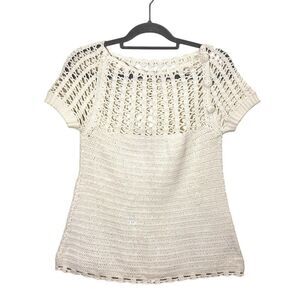 Lela Rose Sweater Women’s M White Crochet Knit Short Sleeve Baby Doll Prairie